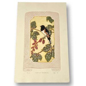 Vtg Fine Art Embossed Relief Print Botanical Bird Blackberries Signed Numbered